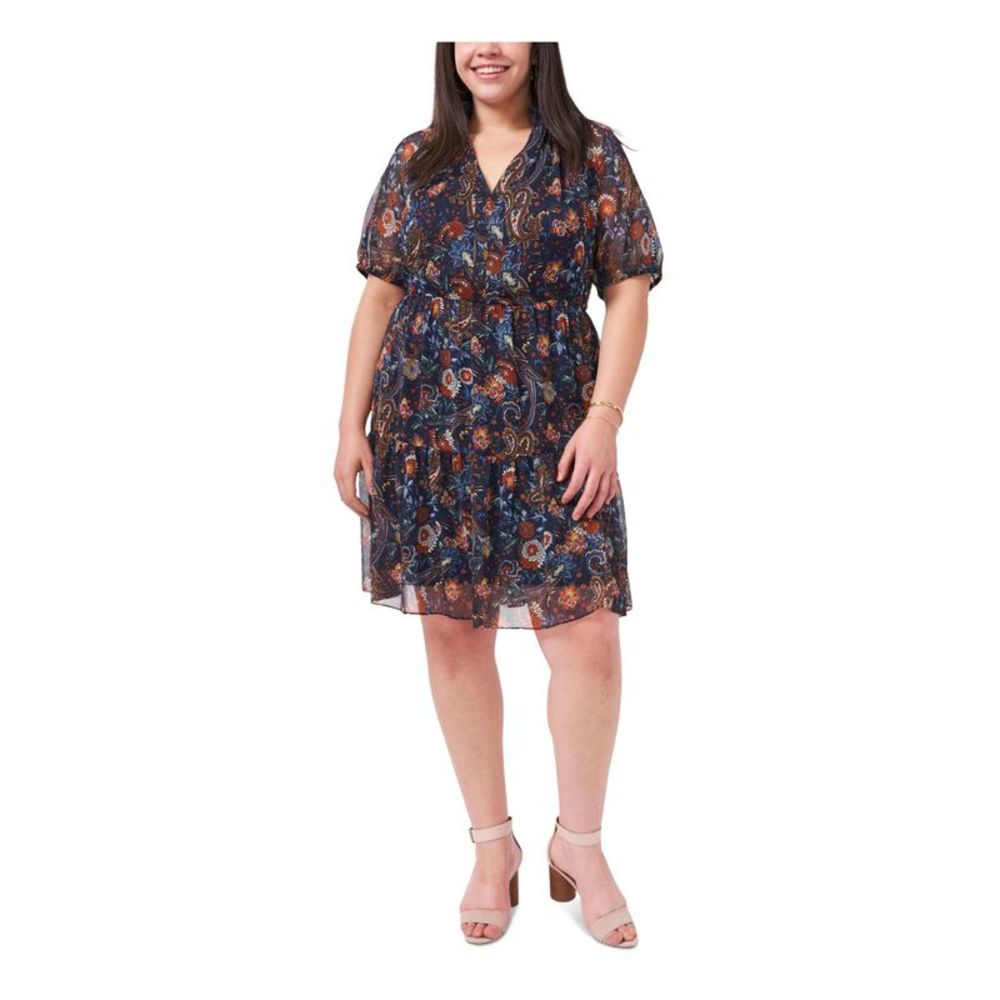 MSK WOMEN Womens Navy Chiffon Lined Short Sleeve Split A-Line Dress Plus 1X